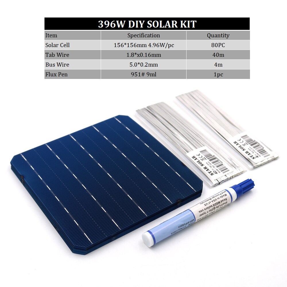 396Watt Kit DIY Solar Panel 156X156mm Monocrystall Solar Cell 400 W 6X6" 100 W Tabbing Wire Buswire Flux Pen 400 WATT Flexible