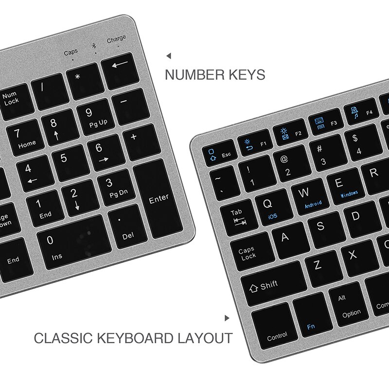 Jelly Comb-teclado inalámbrico Bluetooth delgado para tableta, portátil, Smartphone, iPad, teclado inalámbrico recargable con tecla numérica