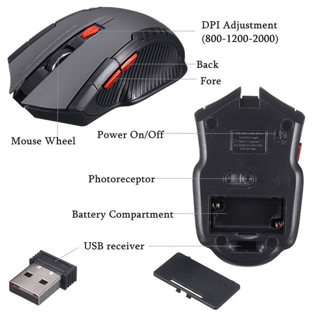 2,4 GHz draadloze muis optische 6-toetsen computermuizen met USB-ontvanger voor verstelbare gamingmuis voor computer PC Laptop