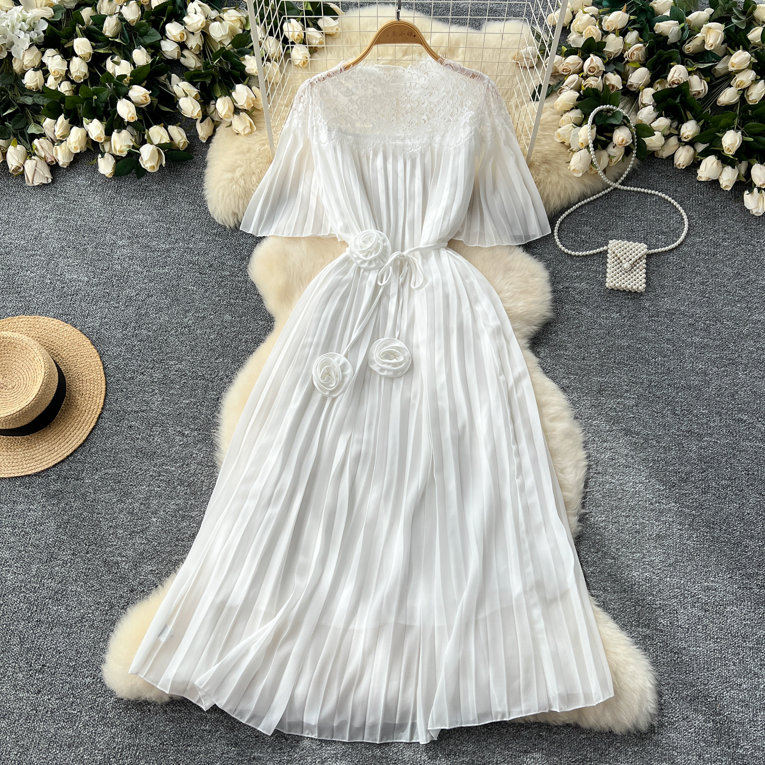 Fransk vintage blonde hul patchwork korte ærmer snørekjole afslappet kvinder sommer chiffon feriekjoler: S / Hvid
