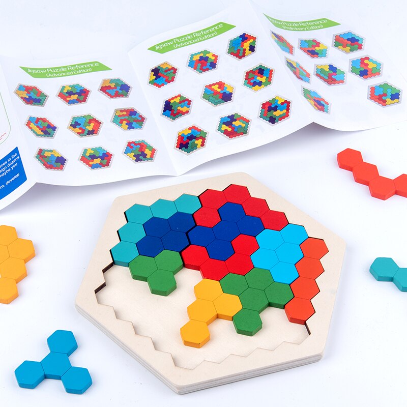 Wood Puzzles IQ Hexagon Puzzle Honeycomb Shape Tangram Board Toy Interesting Changeful Puzzle Toys for Children Adults Education