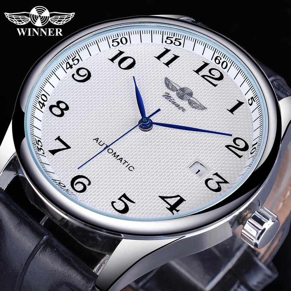 Winnaar Retro Klassiek Kalender Casual Riem Blauwe Handen Herenmode Automatische Mechanische Horloges Topmerk Luxe Relogios: Multicolor