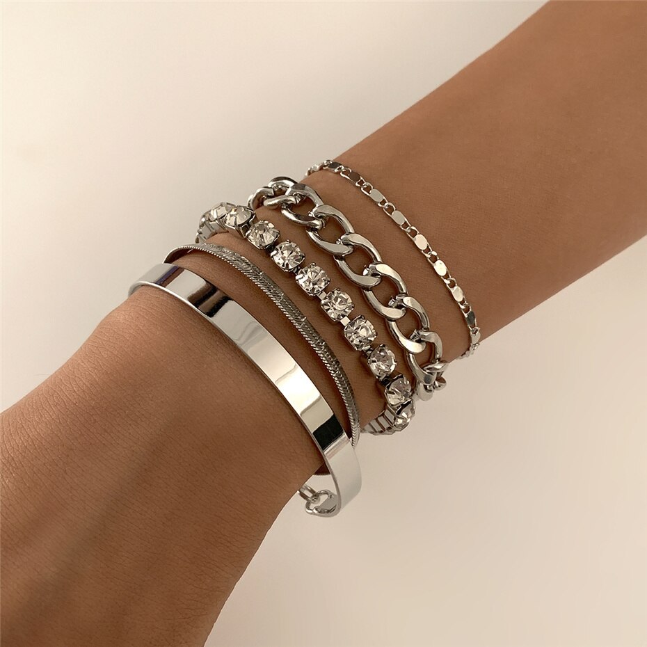 4 Stks/set Luxe Shiny Rhinestone Armbanden Set Bangle Vrouwen Mannen Verstelbare Clear Crystal Chunky Link Charm Armband Hand Sieraden: Black Gun Plated