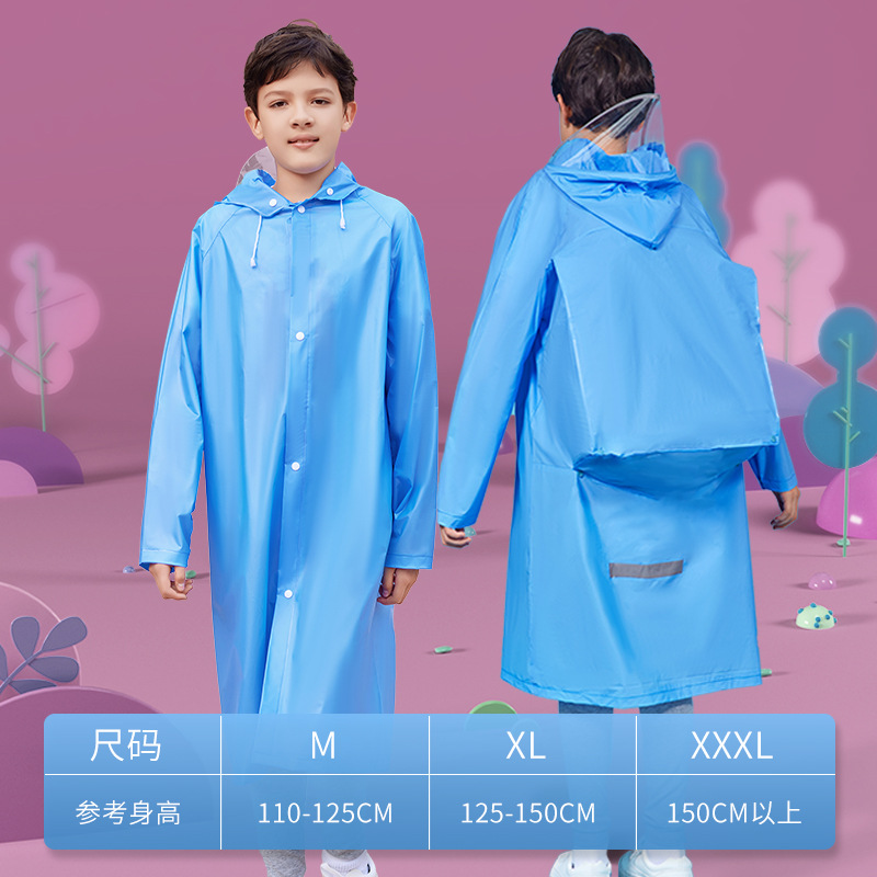 Primary school children's raincoat rain gear poncho big hat brim middle school children's protective raincoat with schoolbag: Blue / M