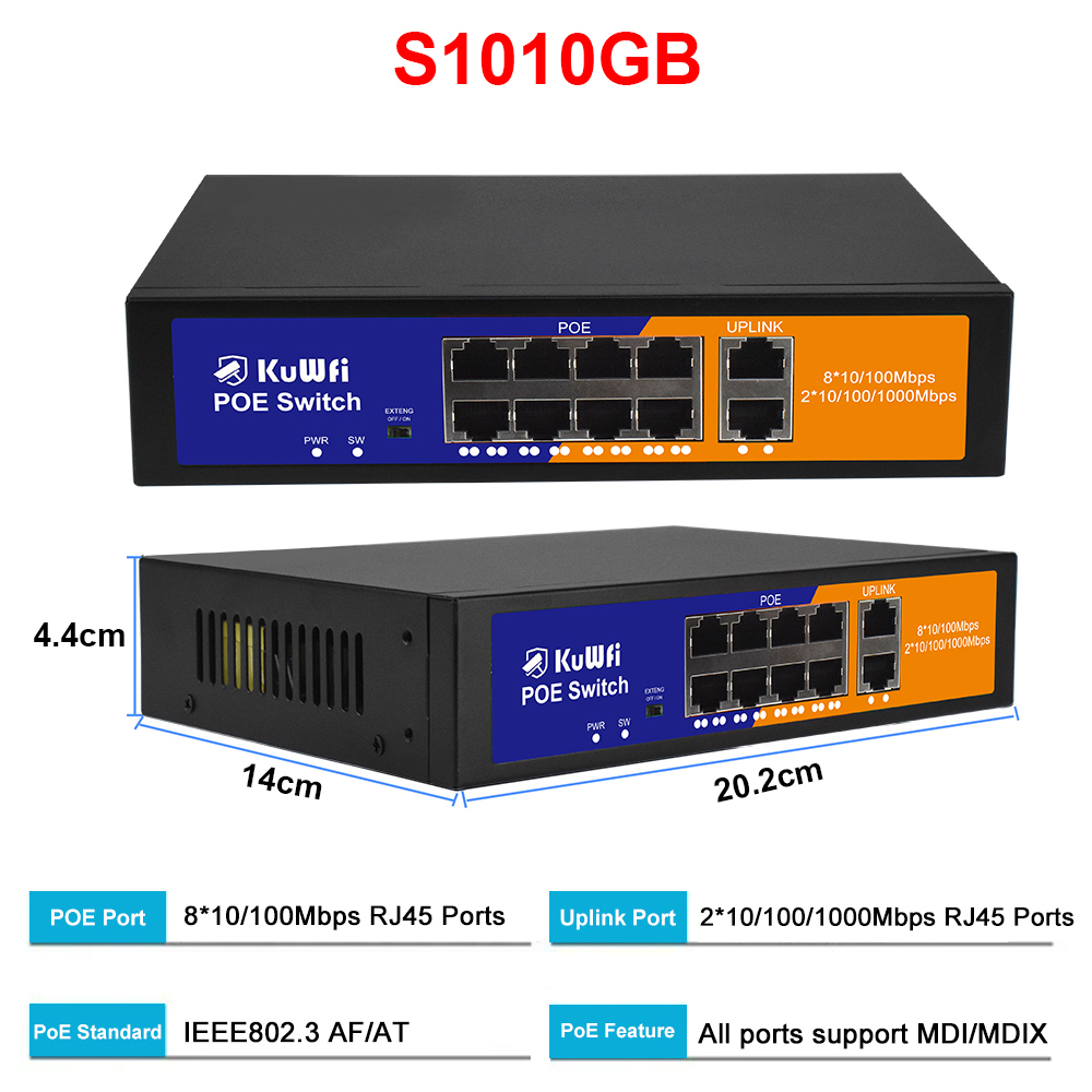 Switch Ethernet PoE KuWFi de 4/8 Portas, 2 Portas Uplink, Alcance de 250m, Não Gerenciado, Plug & Play para Câmera IP, Laboratório Doméstico, Roteador: Azul