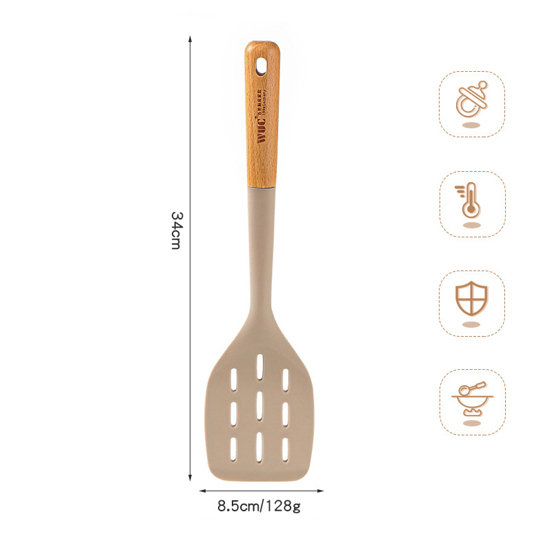 Silicone Kitchenware Cooking Utensils Non-stick Cookware Turner Spatula Spoon Slotted with Wooden Handle Kitchen Cooking Tools: Caqui oscuro