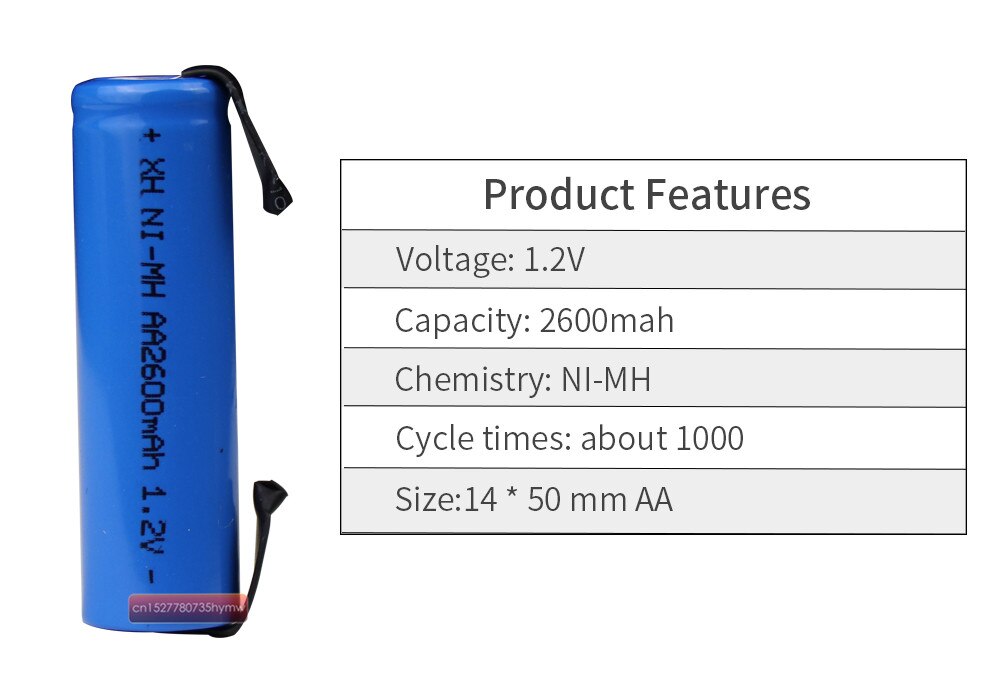 1.2V AA rechargeable battery 2600mah 2A ni-mh nimh cell blue shell with tabs pins Braun electric shaver toothbrush
