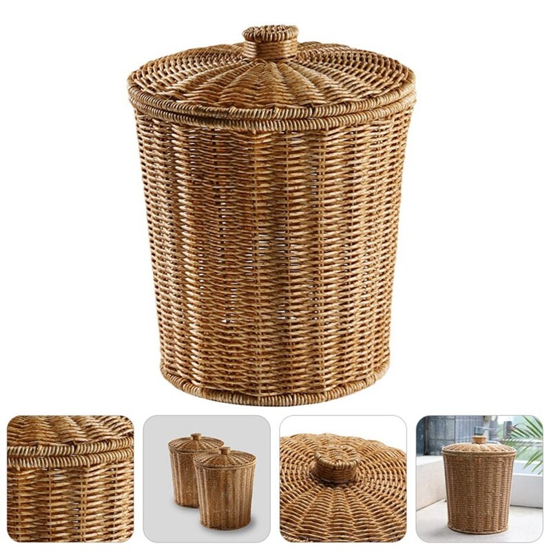 Woven Basket Trash Can Round Rattan Waste Basket With Lid Planter Woven Storage Baskets Wicker Wastebasket Garbage Bin