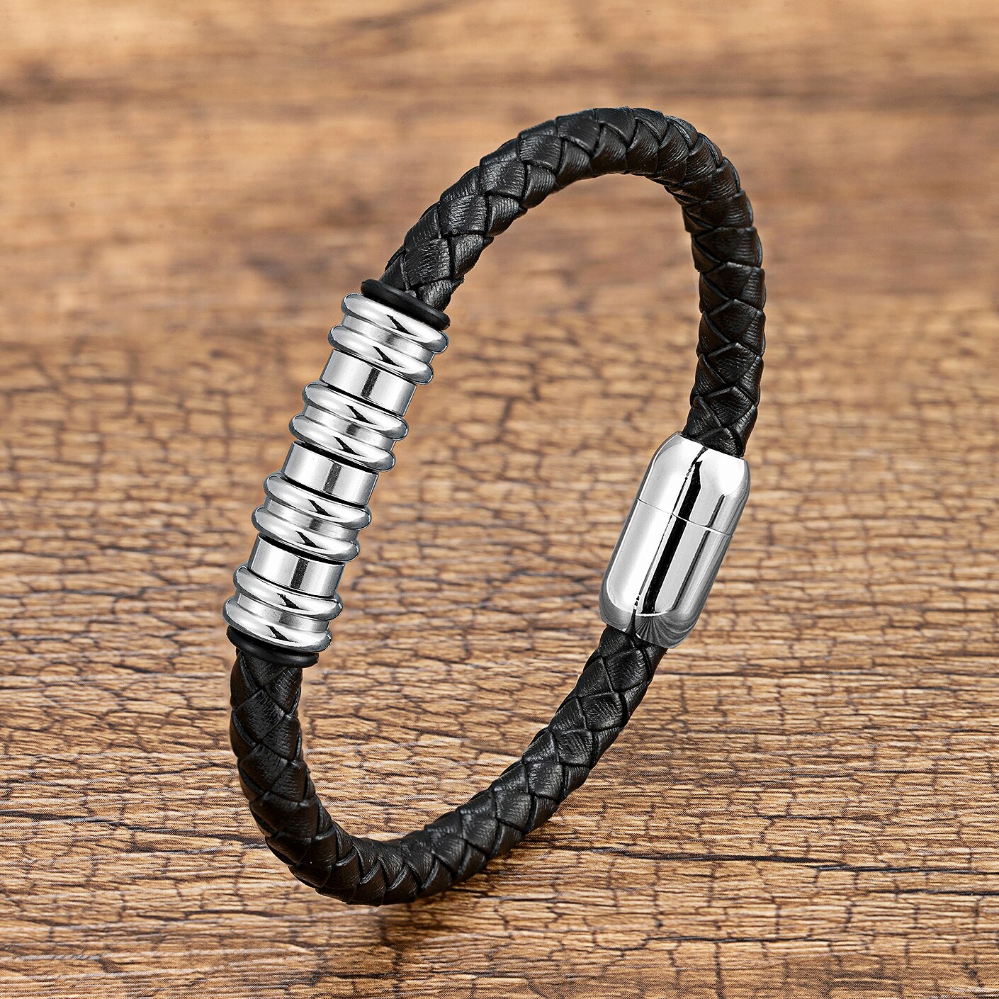 Yishucha Klassieke Stijl Eenvoudige Gevlochten Lederen Armbanden Voor Man Rvs Magnetische Armbanden Mode Mannen Sieraden: White Metal / 19cm