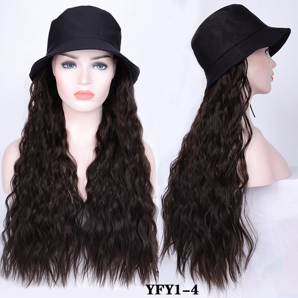 Perruque synthétique longue avec cheveux ondulés/lisses et chapeau bob noir avec extension capillaire: #35