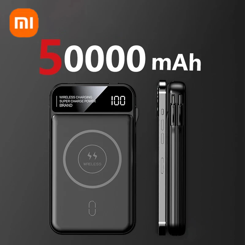 Xiaomi power bank 50000mah carregamento sem fio magsafe power bank carregamento magnético fio embutido bateria do telefone móvel para iphone: Prateado