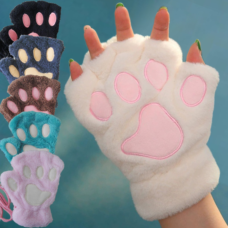 Gants de patte de griffe de chat de dessin animé pour femmes, mitaines en peluche, , doux, court, sans doigts, moelleux, ours, costume mignon, demi-doigt