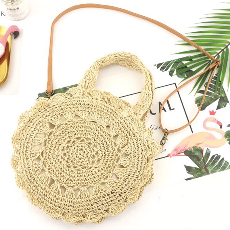 Boheemse holle ronde strozakken voor dames, rotan handtassen, casual rieten geweven schoudertassen, crossbody tassen, zomer strandtassen, grote tassen: Beige