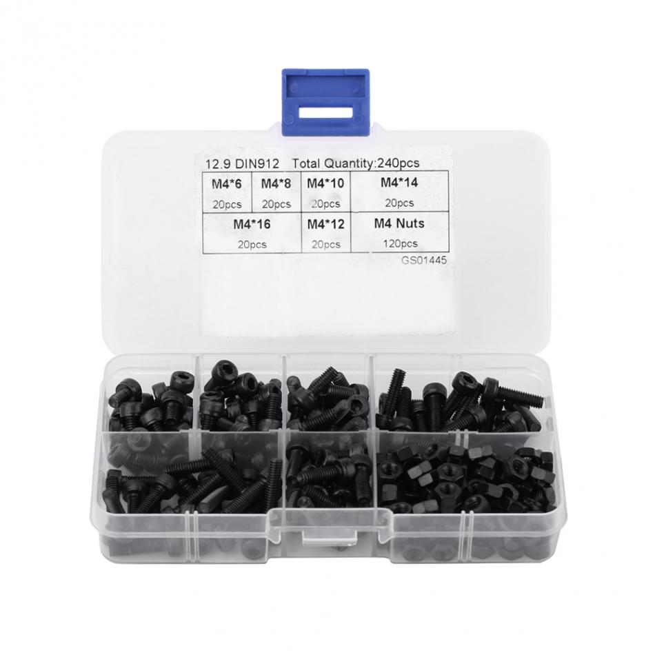 240Pcs/set M4 Hex Socket Cap Head Screws and Nuts Assrotment Set Carbon Steel 6/8/10/12/14/16mm Screw and Nuts Fastener Hardware