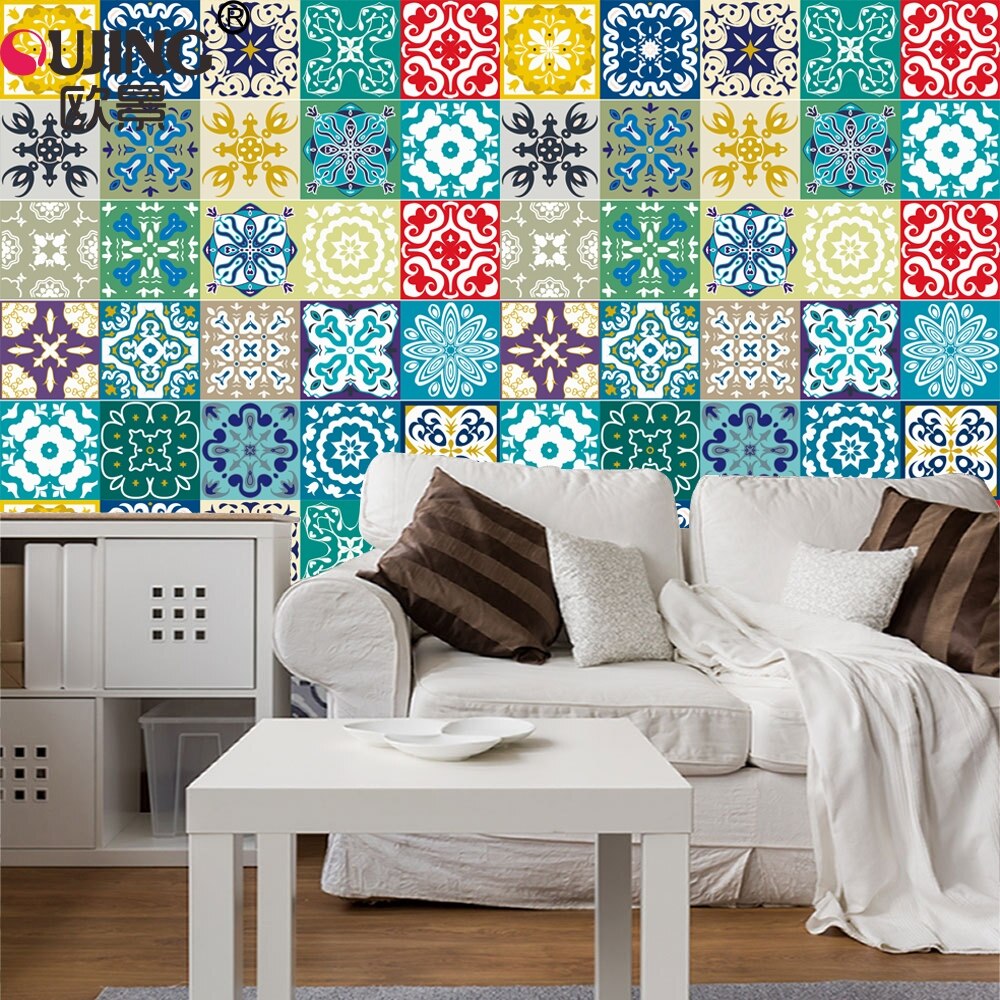 10/15/20cm Colorful Retro Tiles Wall Sticker Kitchen Bathroom Tile Waist Line Wallpaper Waterproof Waist Line Art Mural Poster