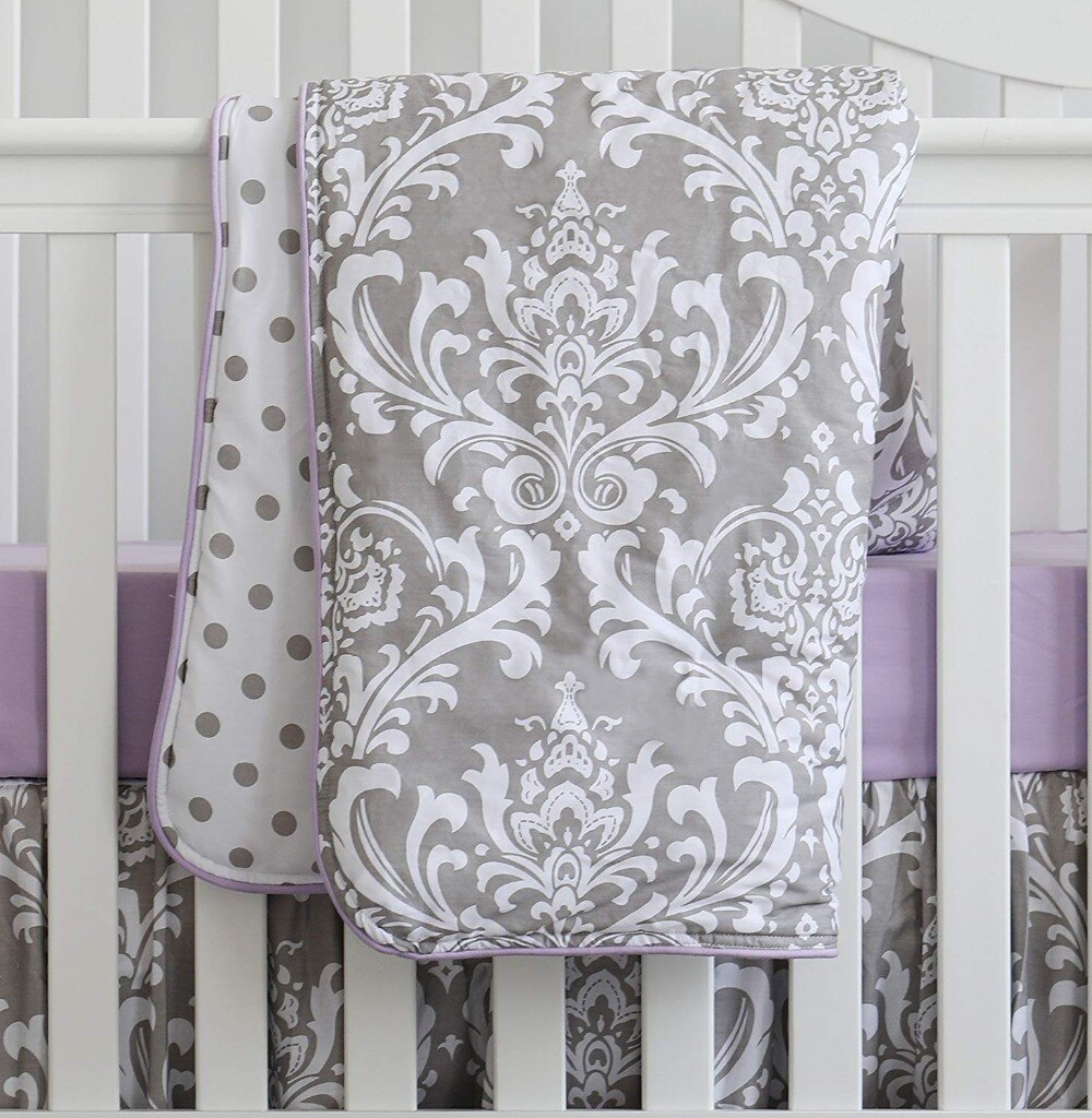 3 st uppsättning boho blommig volang baby minky filt baby plantskola spjälsäng kjol set baby flicka spjälsäng sängkläder (grå lila)