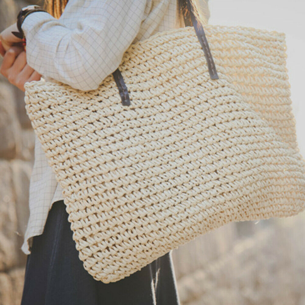 Kvinner sommer strand vintage håndlaget strikket halm rotting bag store skuldervesker boho vevd veske tote bolso playa