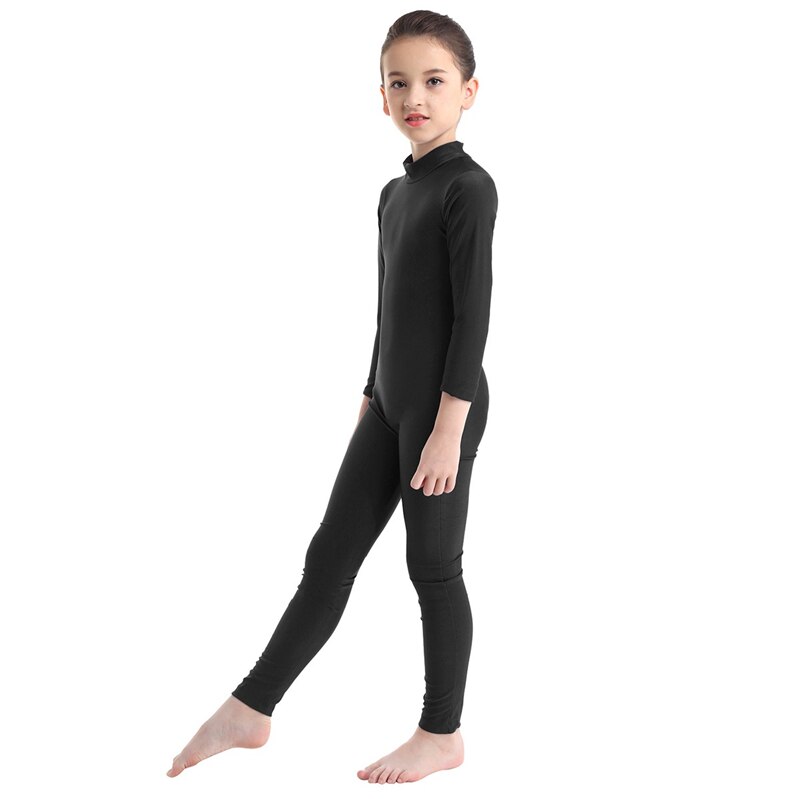 Kids Girls Long Sleeve Zippered Ballet Dance Gymnastics Unitard Catsuit Stirrup Nylon Lycra Show Stage Wear Leotard Bodysuit