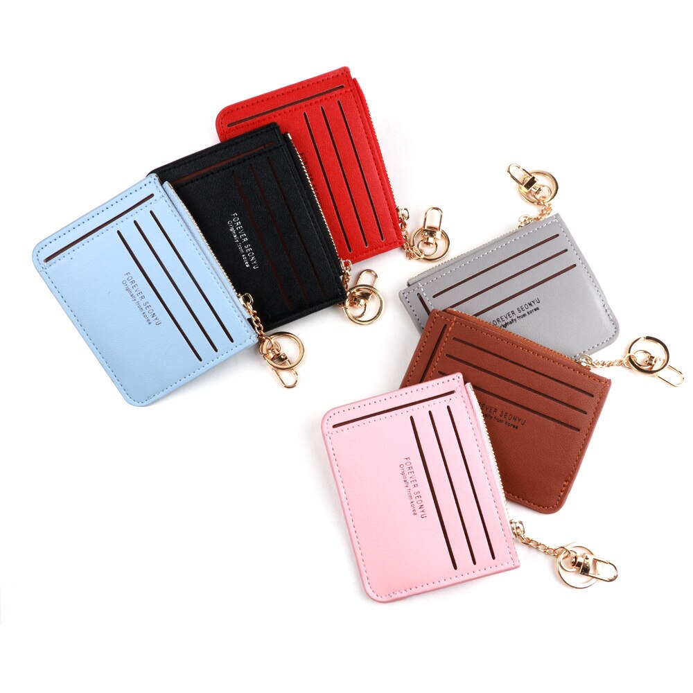 Brand Super Thin Small Credit Card Holder Wallet Women&#39;s Leather Key Chain ID Card Case Slim Female Ladies Mini Coin Purse