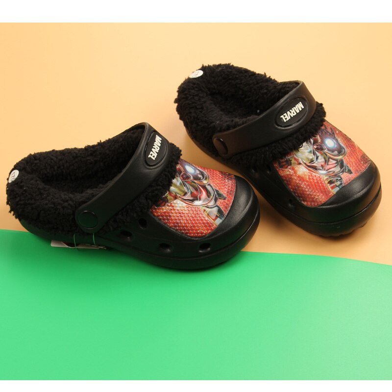 Winter Children's Clogs Iron Men Warm Fur Indoor Shoes Home Hole Mules Navy Cute Pins Sandal EVA Flat Kids Shoes