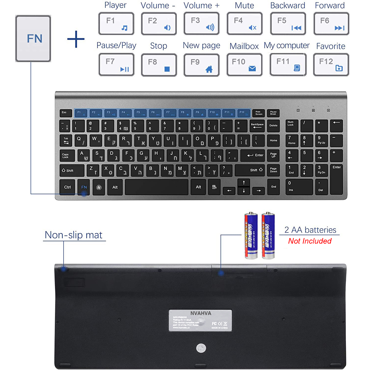 Hebrew Israel Wireless Keyboard Mouse Combos Ultra-Thin Multimedia Full-Size Keyboard and Mouse Low Noise for Notebook Laptop