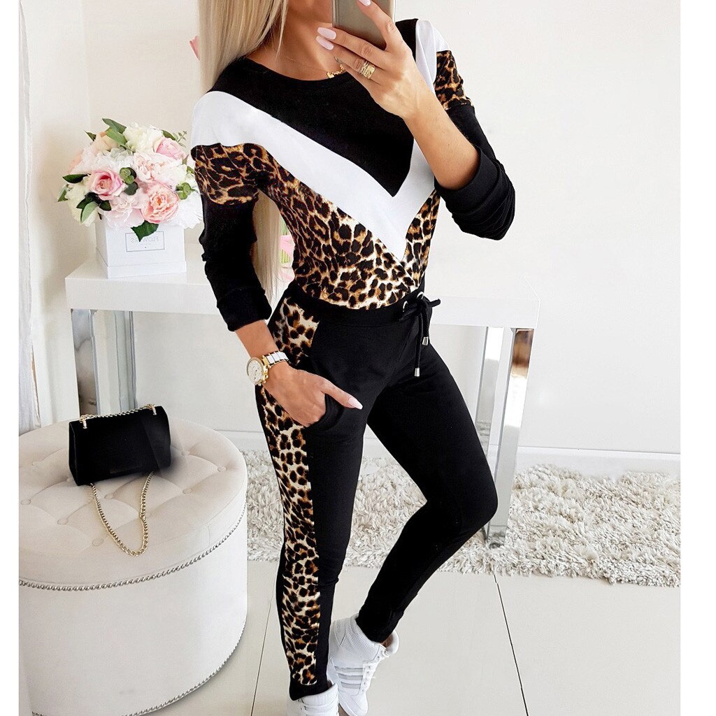 womens tracksuit in the gym Women's Leopard Stitching Color Matching Casual Sweatshirt Two-Piece sport Suit #D: Default Title