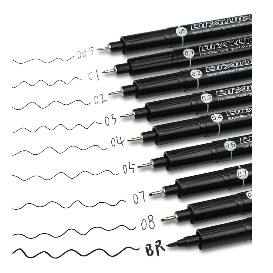 9 stk nålespiss grafisk tegning pennesett mikron finne liner markør skisse pensel kunst vannbasert pigment blekk vanntett  a6150