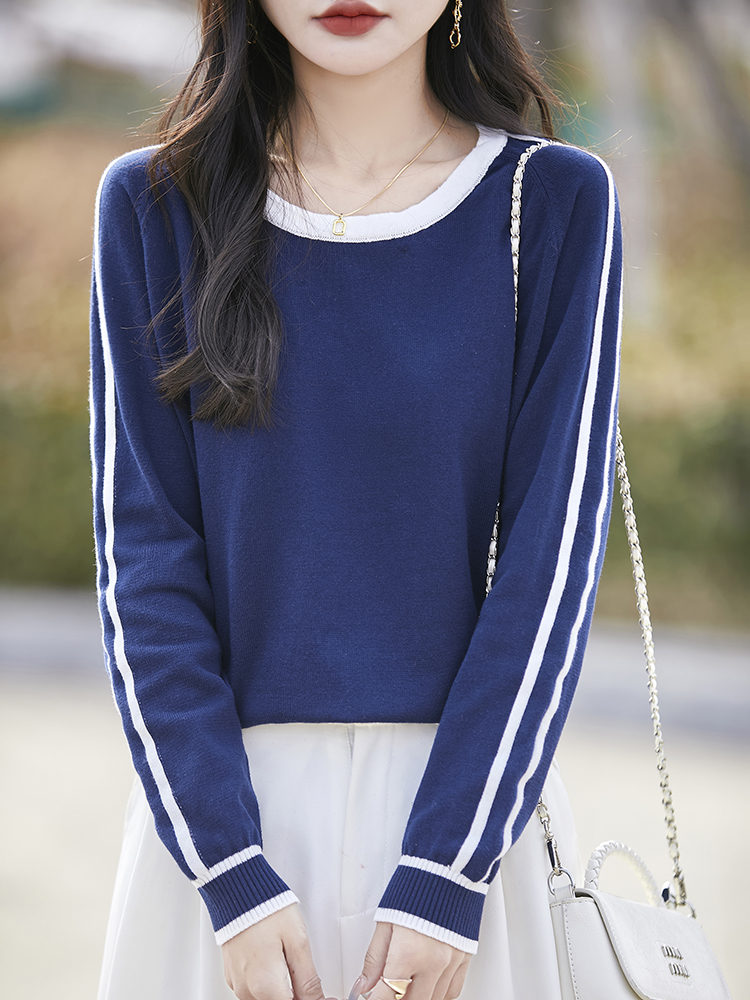 Forår efterår strikket bomuldstrøje dame langærmede toppe stribet dame løse basisvarer patchwork blød pullover: M / Marine blå
