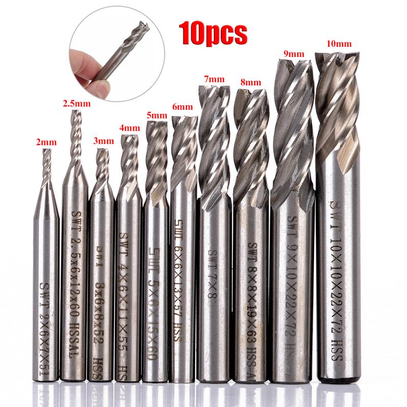 10PCS HSS 2-10mm Milling Cutter CNC Straight Shank 4 Flute Mill Metal Cutter CNC Tools