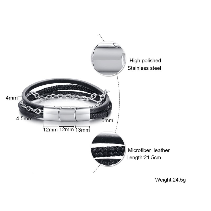 Klassisk sort charm armbånd og udvid magnetspænde titanium stål o kæde flettet læder armbånd kvinder