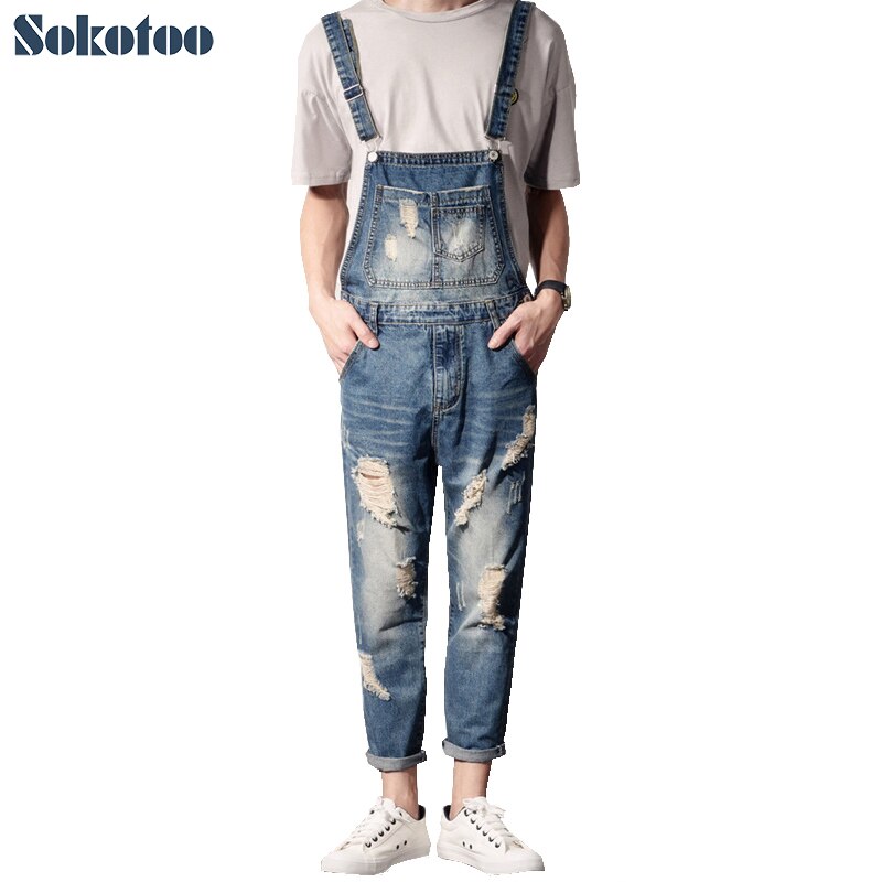 Sokotoo Men's plus size casual ankle length slim denim bib overalls hole ripped crop jeans Jumpsuits