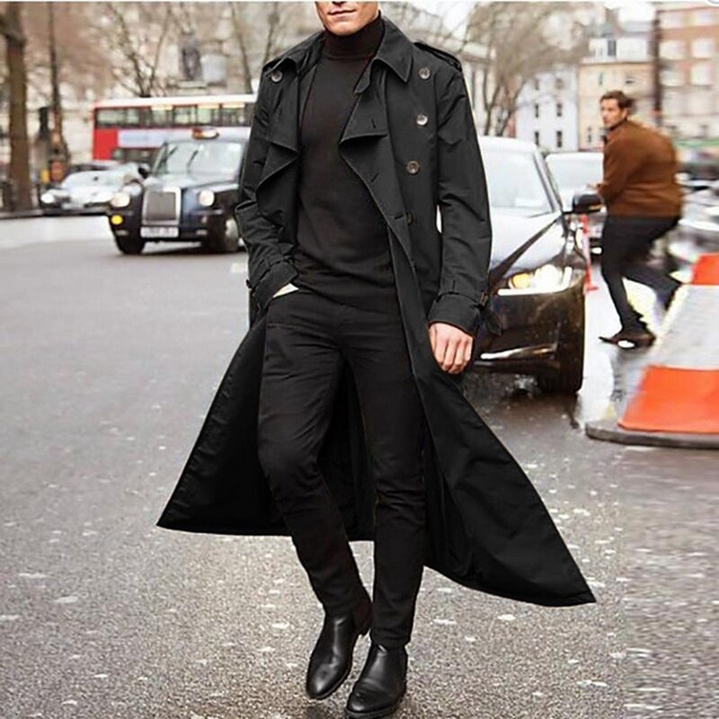 Trench Coat Men Jacket Mens Overcoat Casual Slim Fit Windbreak Plus Size Solid Long Coat Men Winter Coats Homme: Black / L