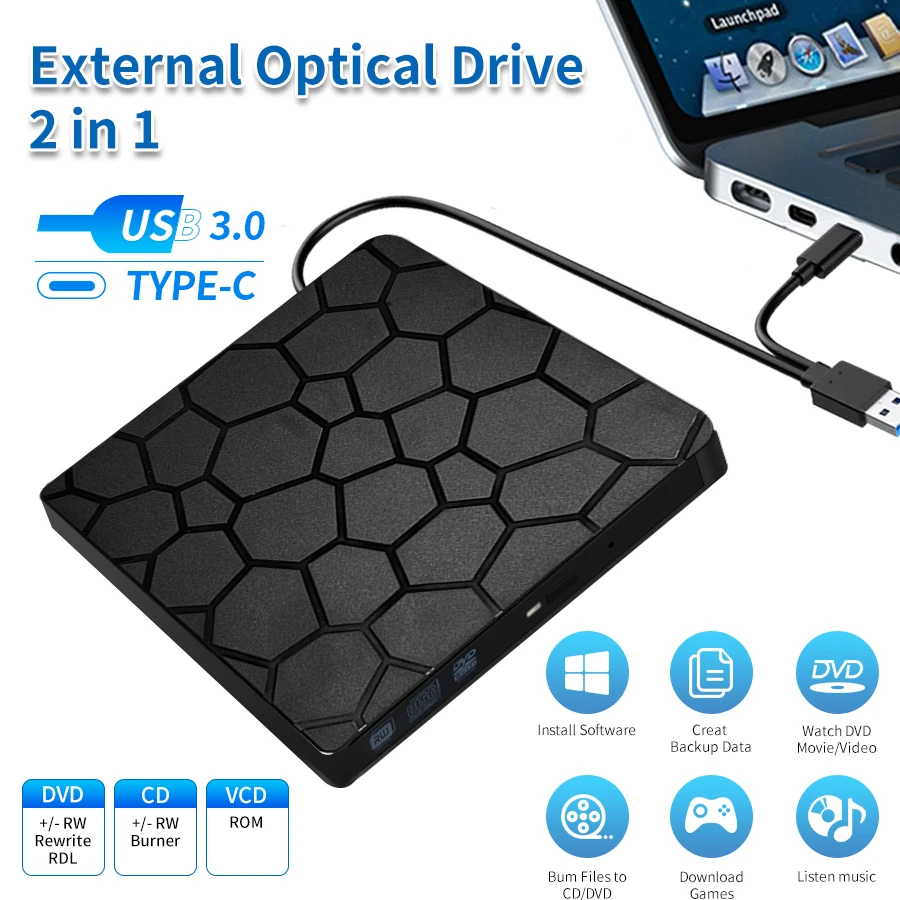 USB 3.0 Typ C 2-in-1 Slim Externer DVD-Brenner VCD CD RW Writer Reader Player Optisches Laufwerk für Laptop PC Computer Notebook