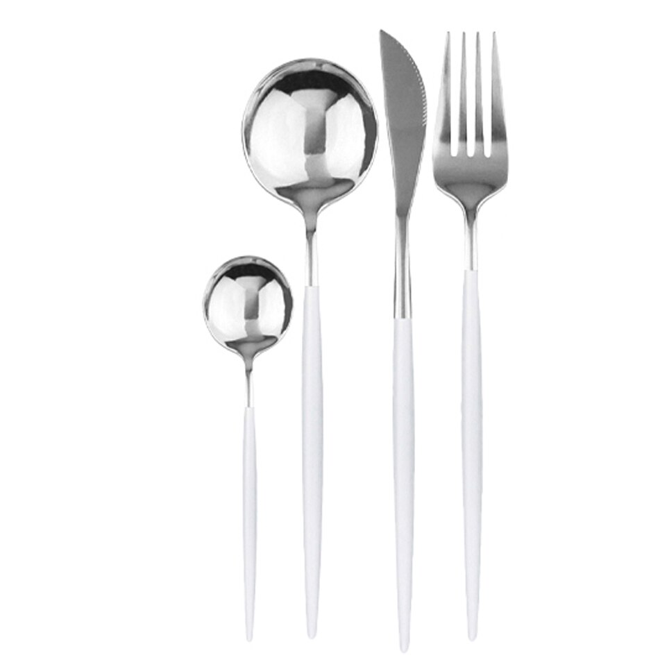 4 pièces/ensemble de couverts en or noir ensemble d'argenterie en acier inoxydable couteau fourchette cuillère ensemble de dîner Rose vaisselle couverts directe: 4Pcs White Silver