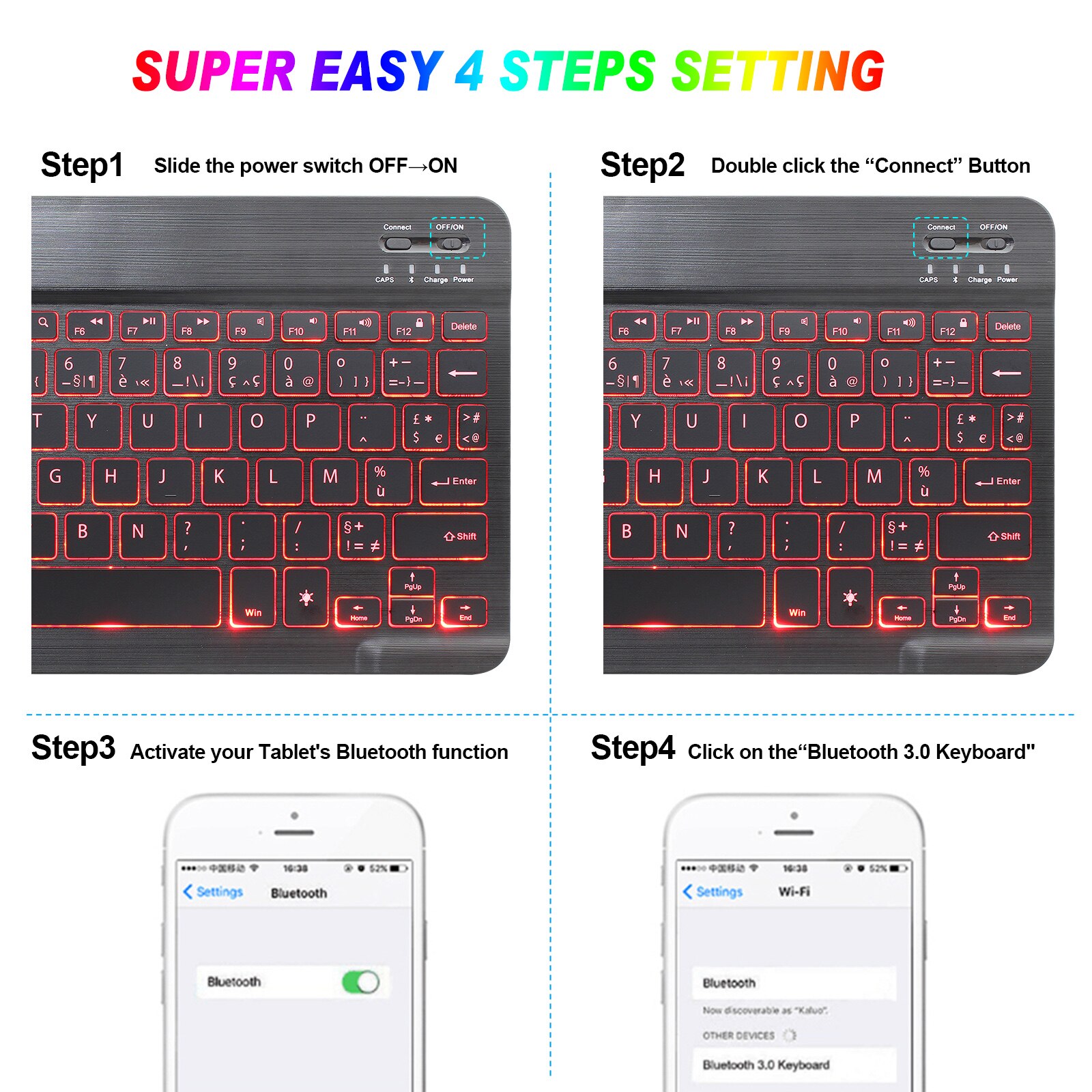 Zienstar-teclado recargable AZERTY con Bluetooth 3,0, teclado francés con retroiluminación LED para teléfono, tableta, portátil, Android, Windows,IOS