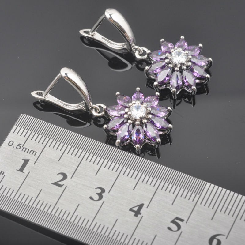 Purple Zirconia Crystal Costume Jewelry Sets Silver Color For Women Wedding Necklace Earring Ring QZ0437