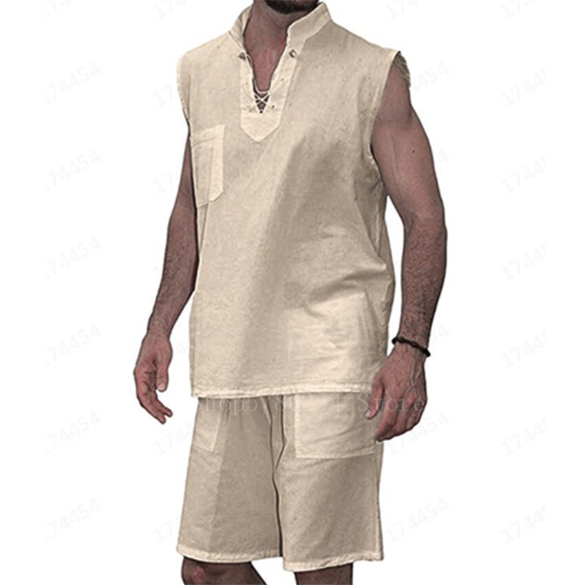 2 stk retro mand viking pirat tøj middelalderscene massiv linned skjorte v-hals ærmeløs bandage t-shirt afslappet renæssance nordisk: Beige / 3xl