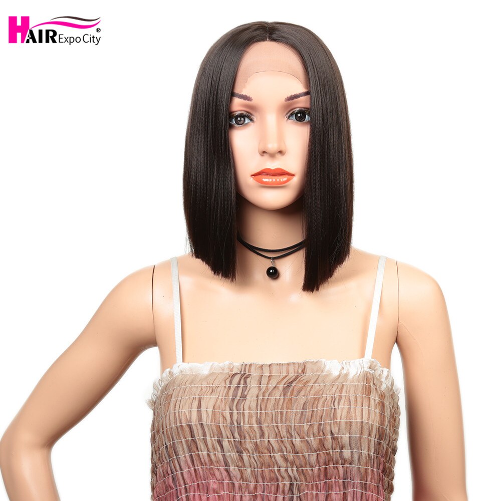 Peluca corta de pelo liso de 14 pulgadas con encaje frontal sintético, resistente al calor, con raya lateral y cabello negro, expo city.: Lupita 2