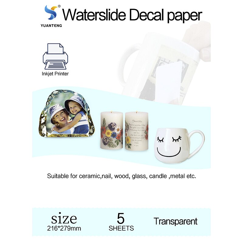 Waterslide Decal Paper Inkjet Clear Transparent Printable Water Transfer Papers Water Slide Decal Foil Tansfer Sheet Letter Size: 5 Sheets