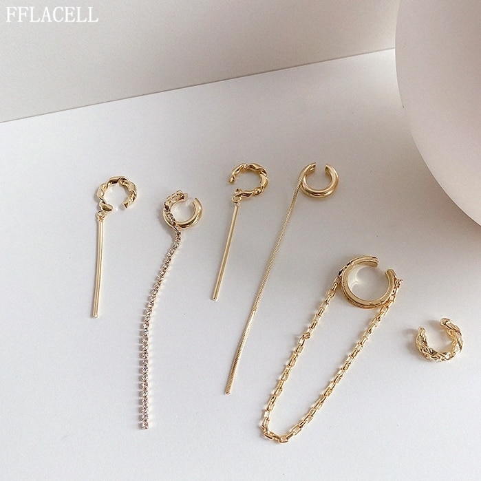 FFLACELL 1 Set Minimalist Retro Long Tassel Asymmetric Earrings Trendy Cool Geometric Line Ear Clip Accessories For Women