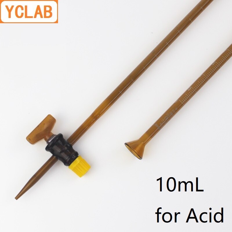 Yclab 10ml burette med lige stophane til syreklasse a brunt ravfarvet glas laboratoriekemiudstyr