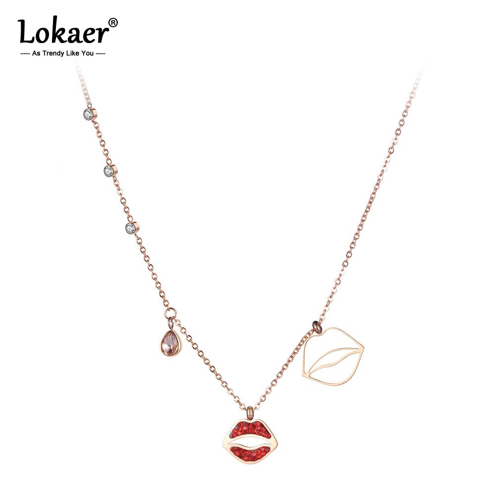 Lokaer Ol Stijl Rode Strass Lippen Bedels Kettingen Voor Vrouwen Meisjes Rose Goud Rvs Cz Crystal Hanger Sieraden N19033