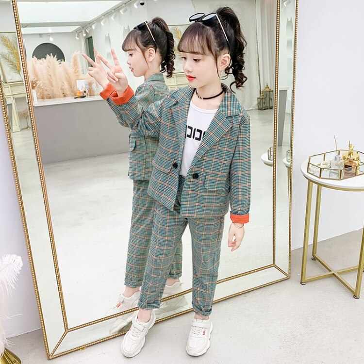 Girls' Plaid Double Breasted Suits Sets Children's Plaid Blazer Pants 2pcs Clothing Sets Kids Party Performance Costume: green / 8T