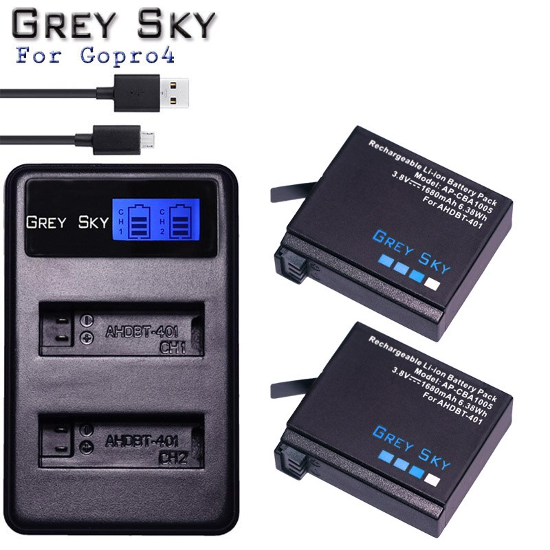 Para GoPro Hero4 Hero 4 batería + LCD cargador dual para go pro AHDBT-401 HERO4 negro plata accesorios de Cámara de Acción: Charger and 2battery