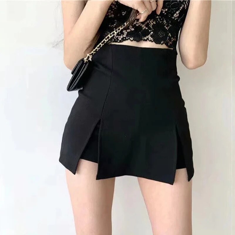 Jupe courte fendue sexy pour femmes, tenue de bureau, imbibée, mini pantalon trapèze noir, taille haute, jambes larges, été