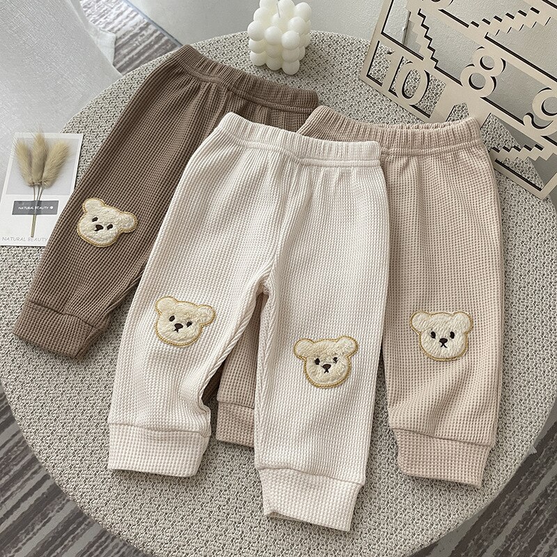 8874 bebê calça outono 2021 novo waffle urso calças bonito moda bebê menino calças adorável urso menina calça 0-3year crianças