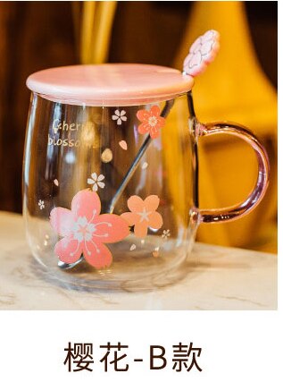 Botella de agua de cristal con flor japonesa para mujer y niña, vaso de cristal con flor de cerezo rosa con cubierta de cerámica, para beber leche: Flower B
