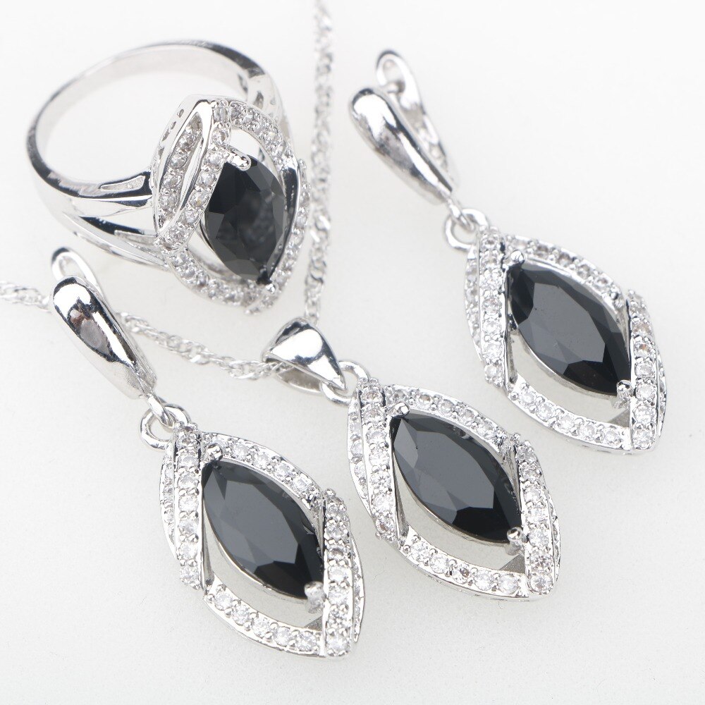 Zwarte Stenen Wit Cubic Zirkoon 925 Sterling Zilveren Bruids Sieraden Sets Voor Vrouwen Oorbellen/Hanger/Ketting/ringen