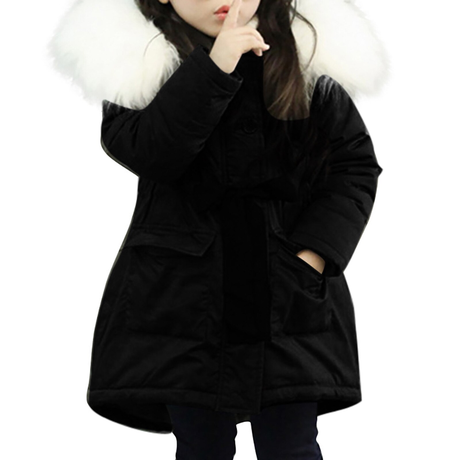 Toddler Girl Winter Clothes Pocket Baby Girl Fur Hooded Tops Solid Padded Coat Kids Long Thicken Warm Jacket Зимний Комбинезон Д