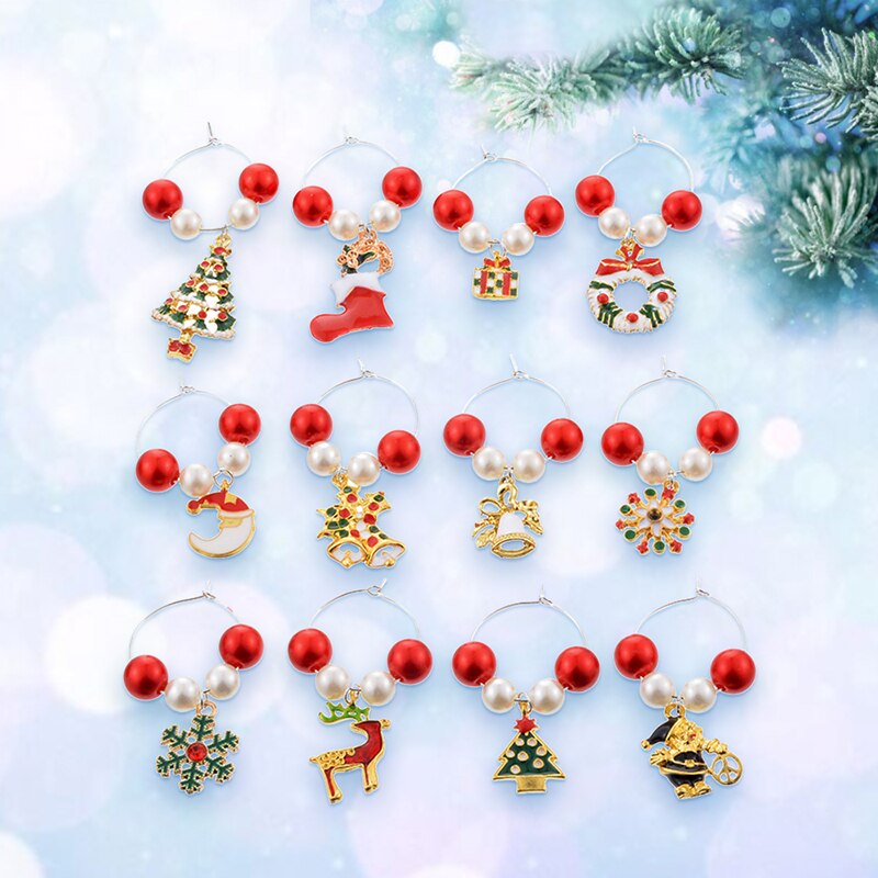 (Homemade) 12Pcs/set Christmas Party Glass Pendant Acrylic Beads Zinc Alloy Pendants Wine Glass Cup Ring Decorations Markers